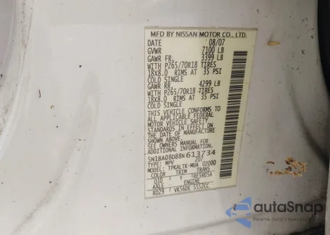 2008 Nissan Armada Se z USA, uszkodzony, nr VIN 5N1BA08D88N613734